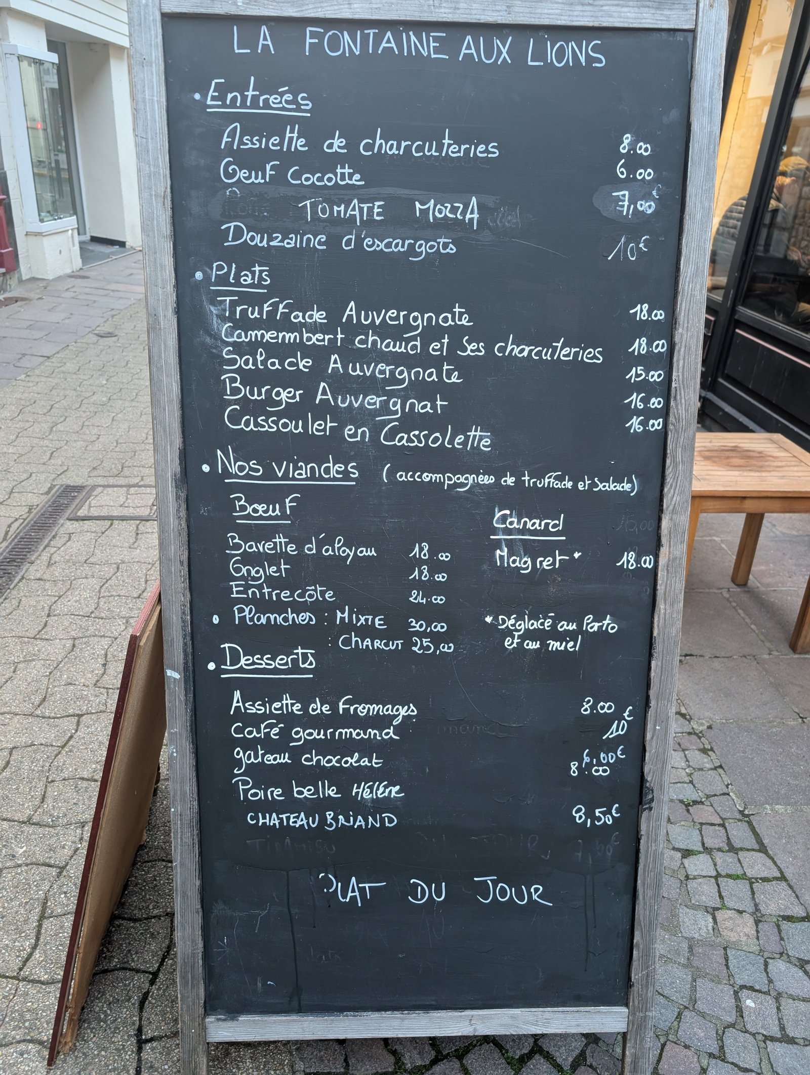 Carte du restaurant La Fontaine aux Lions